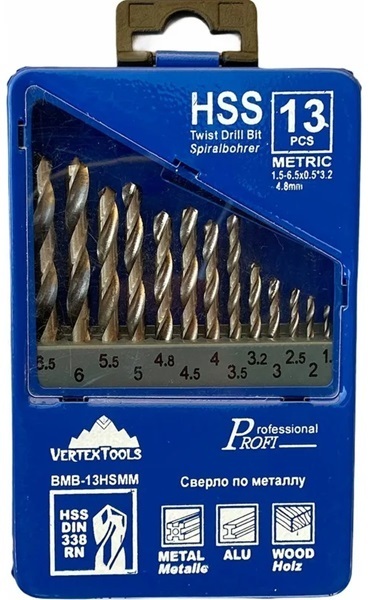 набор свёрл HSS VERTEXTOOLS 13 предметов от 1,5 до 6,5мм, 0987-13 1/1